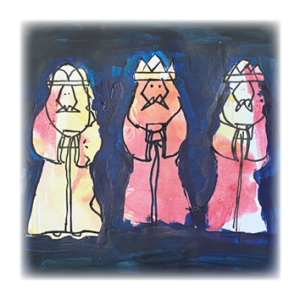 Painting of Christmas scene with the three Kings
