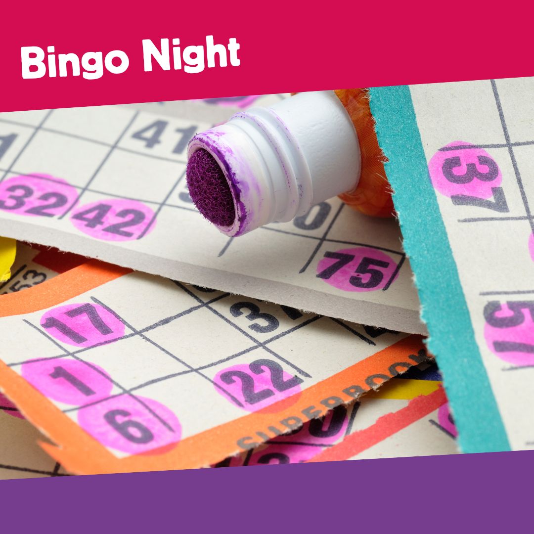 View of a series of bingo sheets with random numbers on them. There is a pink banner above the image with text saying bingo night and a purple banner below.