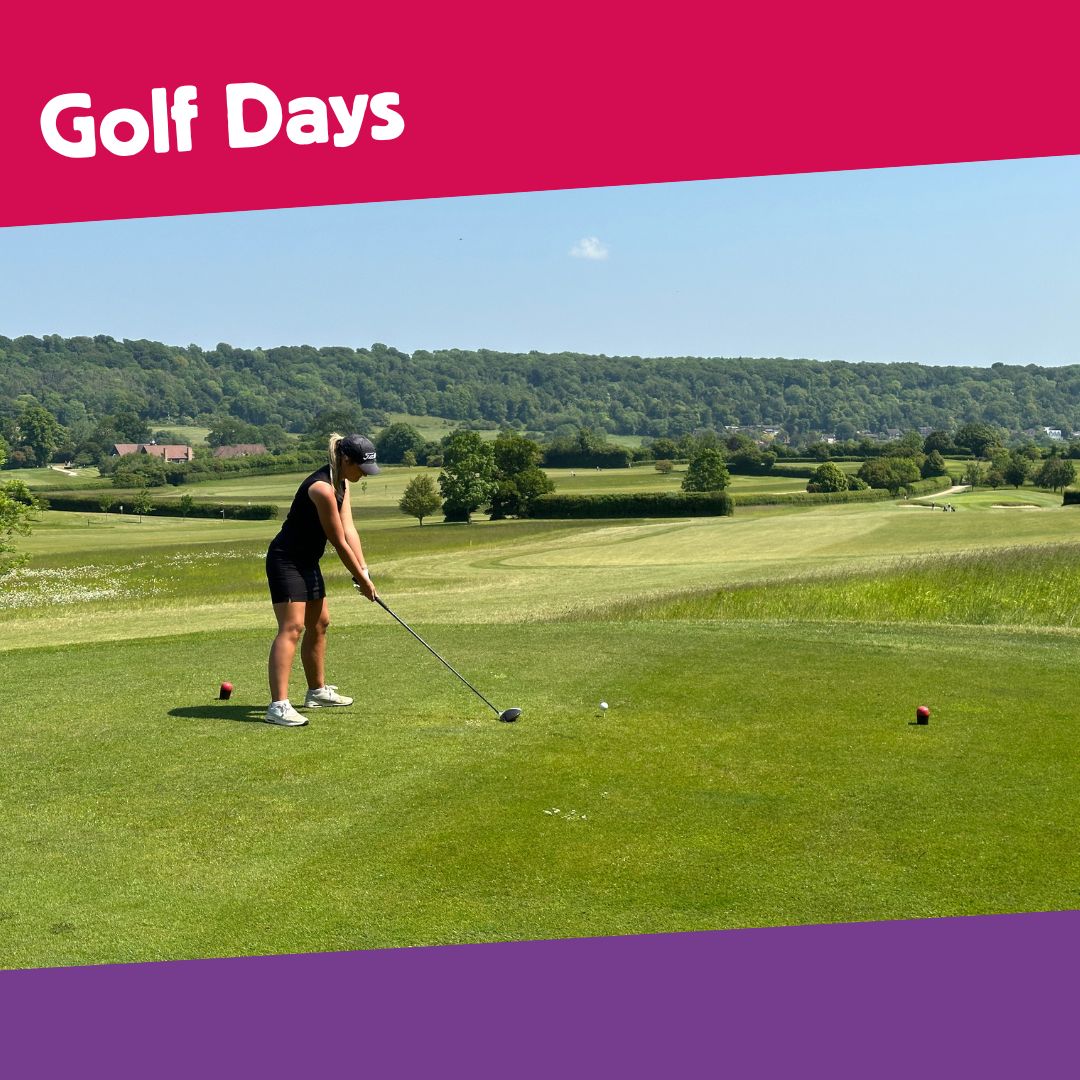 Female golfer about to tee off. There is a pink banner above the image with text saying golf days and a purple banner below.