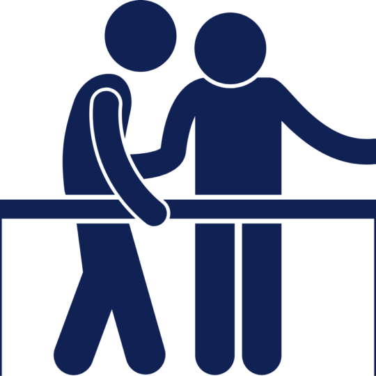 Graphic of a physio helping someone to walk with beams supporting them on either side. The whole image is dark blue.