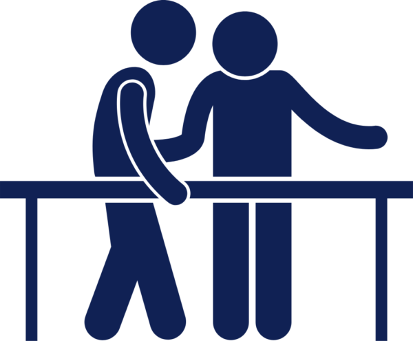 Graphic of a physio helping someone to walk with beams supporting them on either side. The whole image is dark blue.
