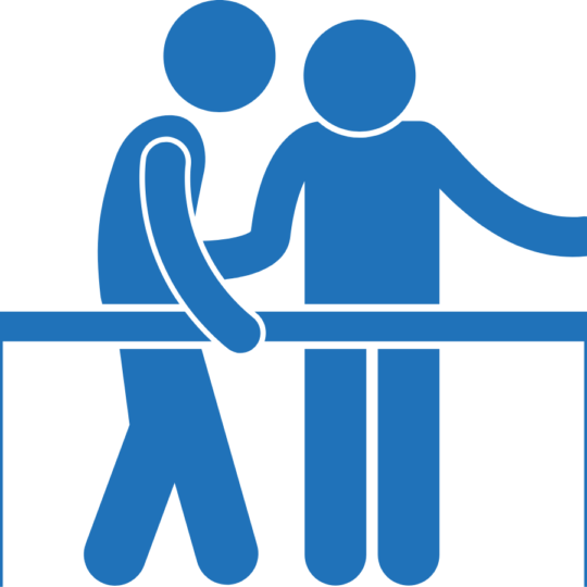 Graphic of a physio helping someone to walk with beams supporting them on either side. The whole image is light blue.