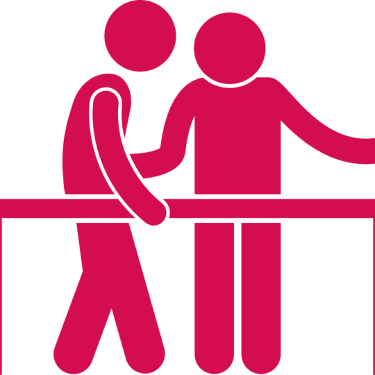 Graphic of a physio helping someone to walk with beams supporting them on either side. The whole image is pink.