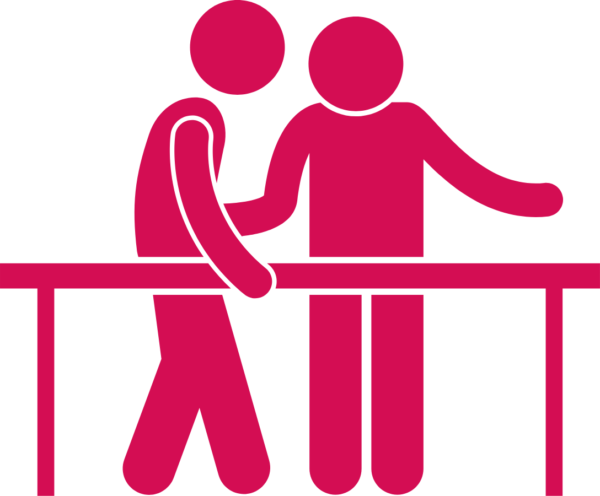Graphic of a physio helping someone to walk with beams supporting them on either side. The whole image is pink.