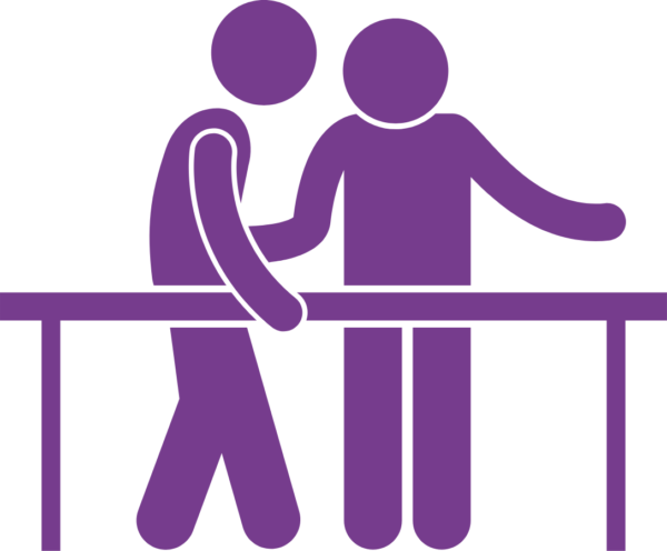 Graphic of a physio helping someone to walk with beams supporting them on either side. The whole image is purple.