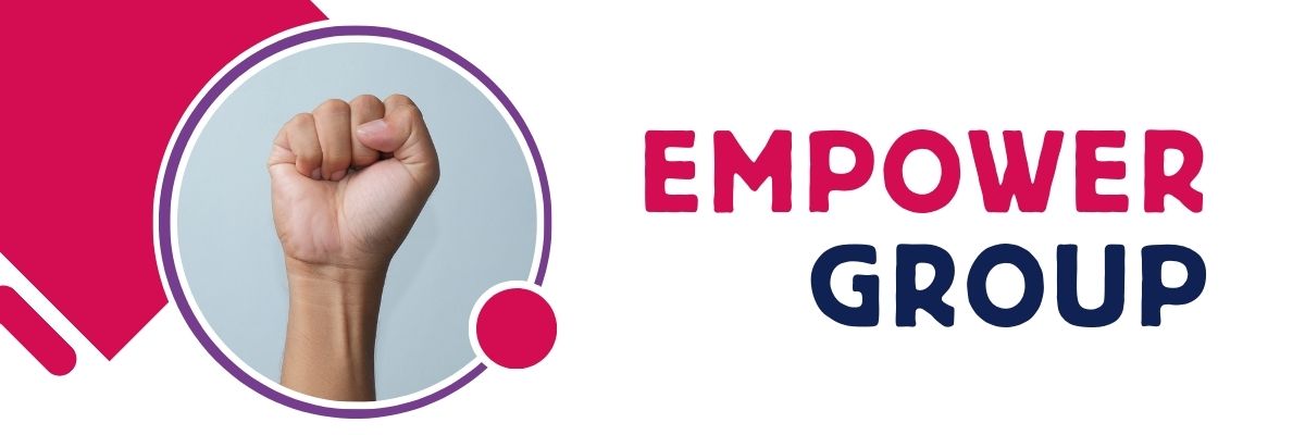 Graphic showing a fist being held up in the air next to some text saying Empower Group