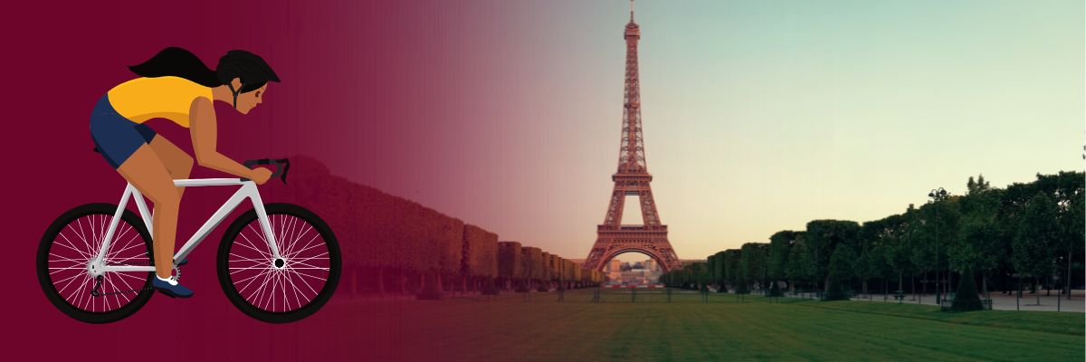 View of Paris with the Eiffel tower in the background. Overlaid on the left of the graphic is an image of a female cyclist on her bike.